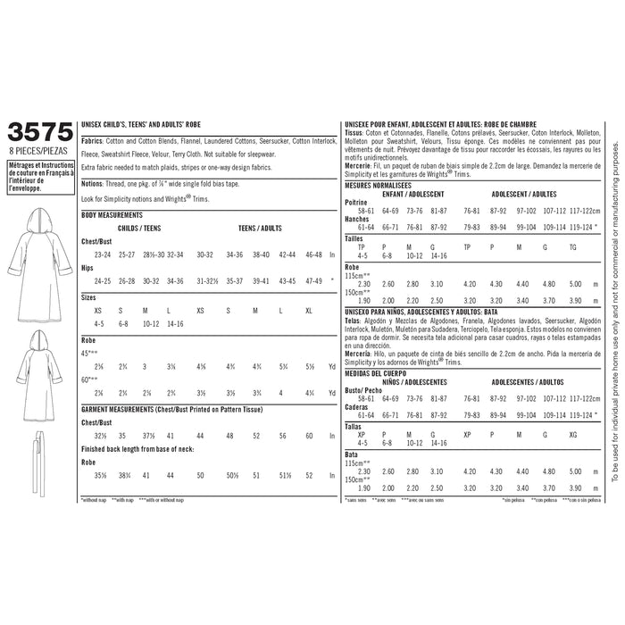3575 Child's, Teens' & Adults' Robe. Size: Kid´s XS-L (4-16 y) / Adults XS-XL