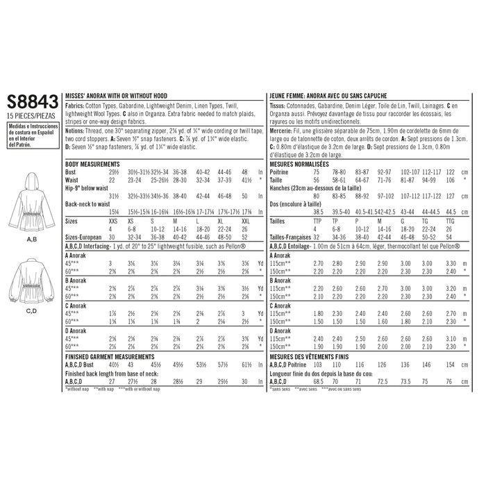 S8843 Misses' Anorak Jacket. Size: XXS-XXL (30-52)