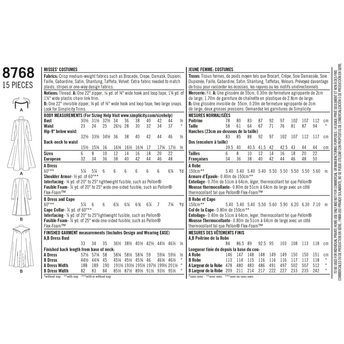 8768 Misses' Fantasy Costumes. Size: 32-48